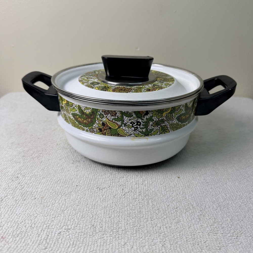 Vintage MCM Fancipans Avocado Paisley Enamelware Pot With Lid, 70's Discontinued